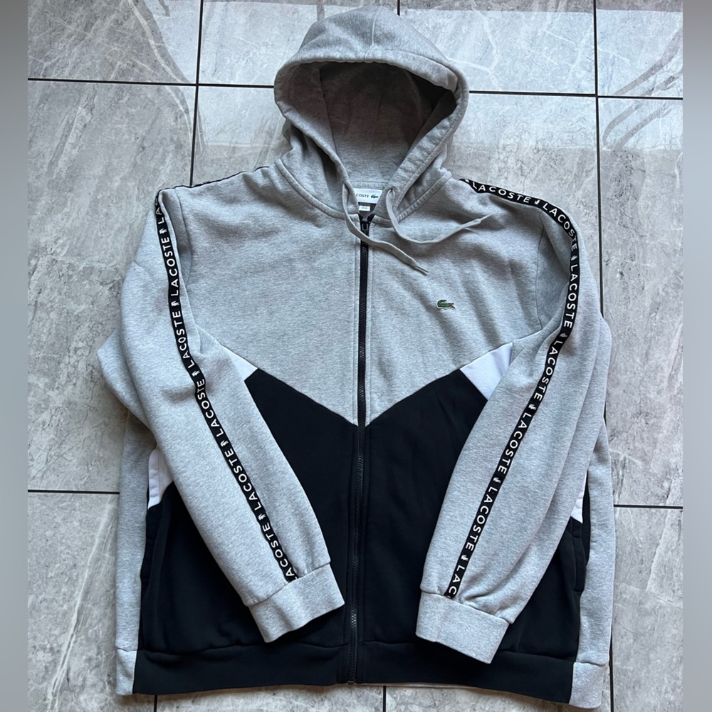 Lacoste Sport Mens Gray/Black/White ColorBlock ZipUp Hoodie Embroidered Logo 4XL